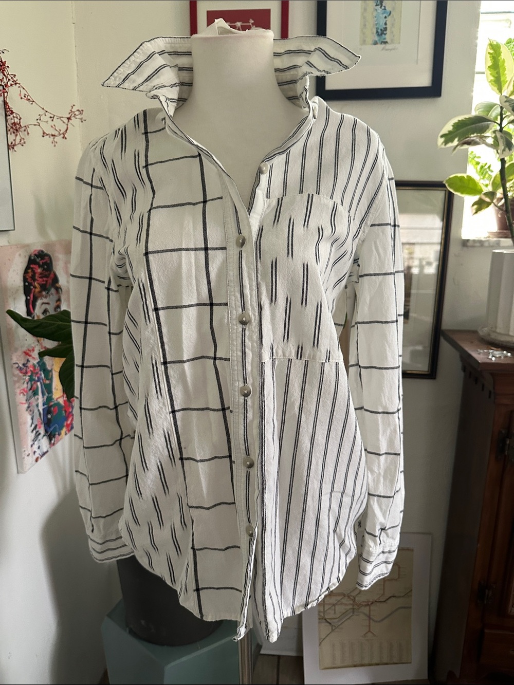 French Connection White Button-Down Shirt with Black Windowpane & Pinstripe 6